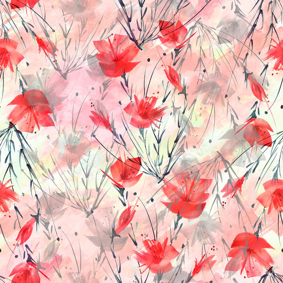 Vintage Seamless Watercolor Pattern Of Plants, Herbs, Flowers, Poppy, Rose, Peony. Red, Yellow Flowers Watercolor. Stylish Pattern. Abstract Paint Splash. Trendy Background, Grunge. Drawing
