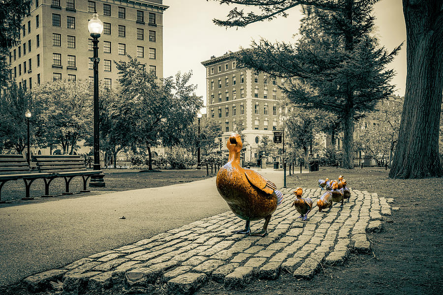 Vintage Sepia Selective Color At Make Way For Ducklings - Boston Public Garden Photograph by Gregory Ballos