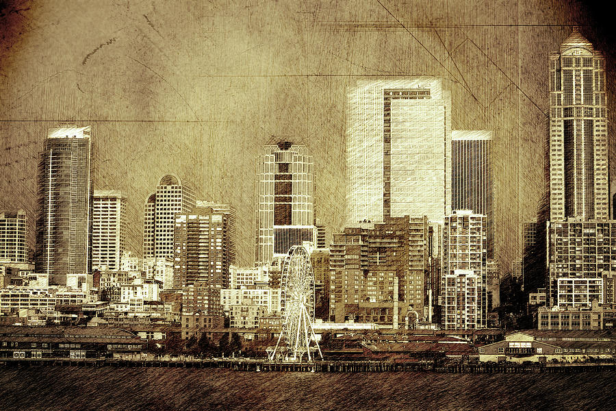 Vintage skyline of Seattle Mixed Media by Alex Mir
