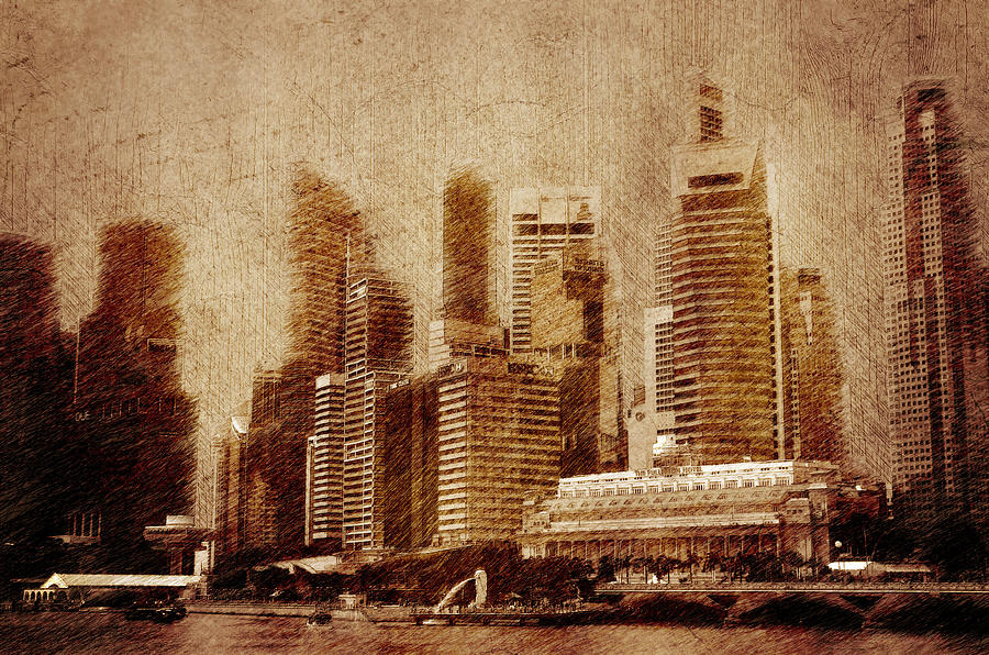 Vintage skyline of Singapore Mixed Media by Alex Mir