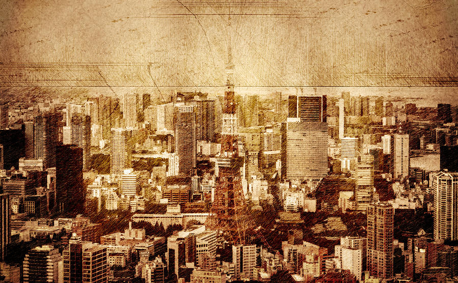 Vintage skyline of Tokyo Mixed Media by Alex Mir