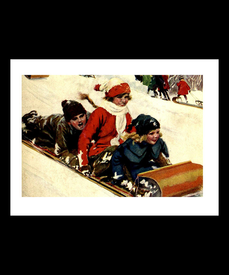 Vintage Snow Day Retro Nostalgia Kids Sledding Art Digital Art by Caterina Christakos