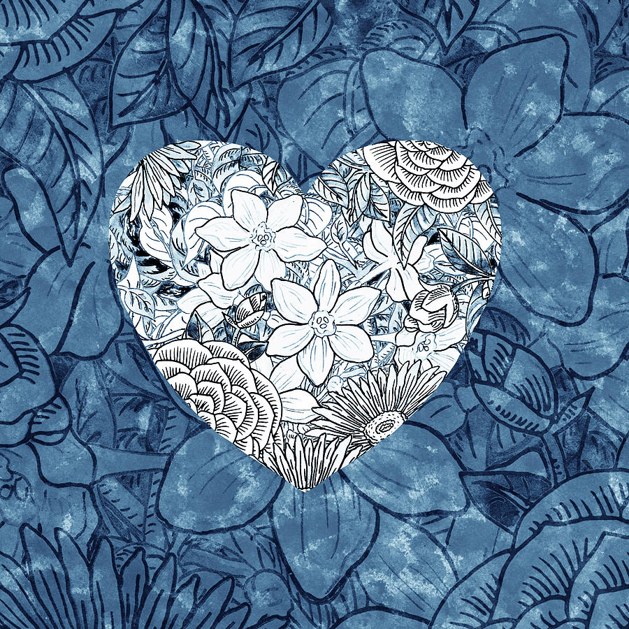 Vintage Soft Cool Blue Floral Watercolor Heart Art I Painting by Irina Sztukowski