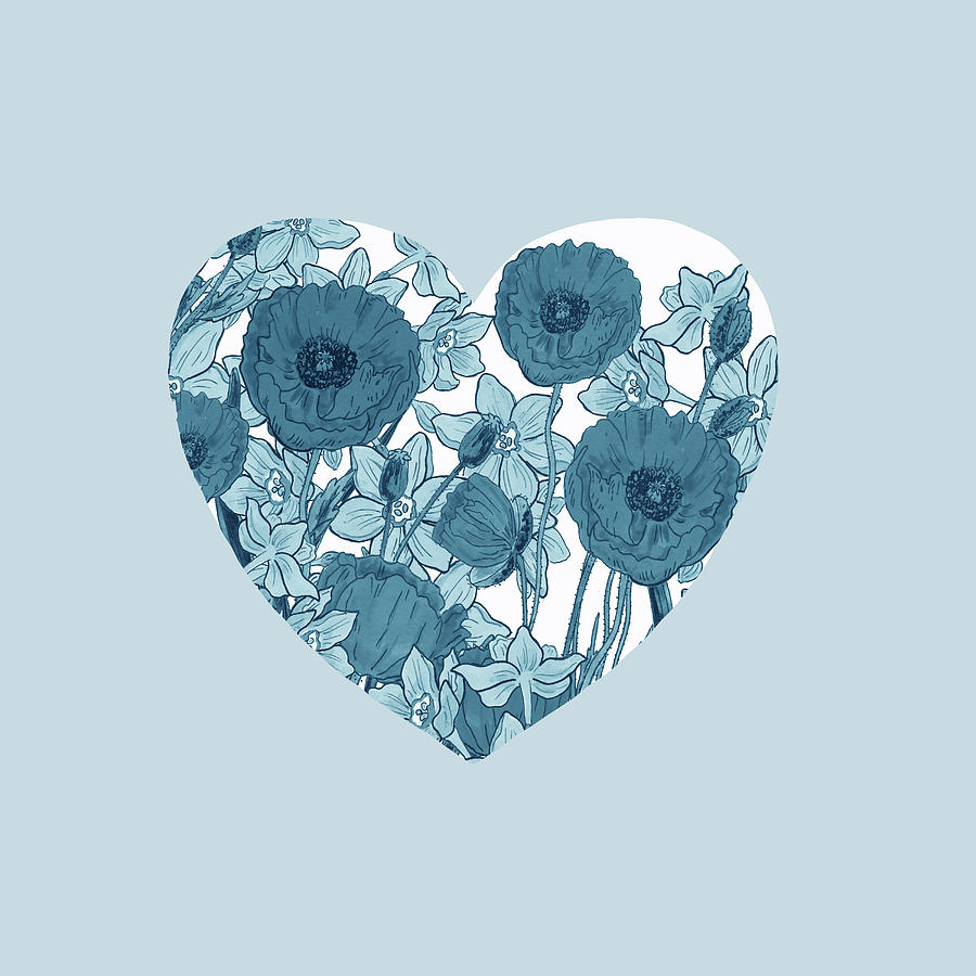 Vintage Soft Cool Blue Floral Watercolor Heart Art III Painting by Irina Sztukowski
