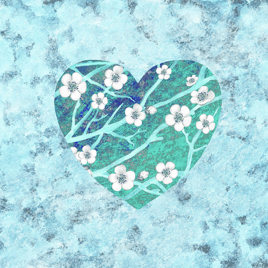 Vintage Soft Cool Teal Blue Floral Heart Watercolor Art III Painting by Irina Sztukowski