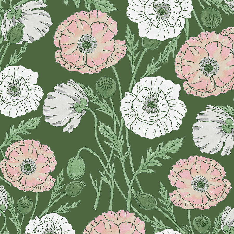 Vintage Soft Warm Pink And White Botanical Poppy Flowers On Deep Green Watercolor Pattern  Painting by Irina Sztukowski