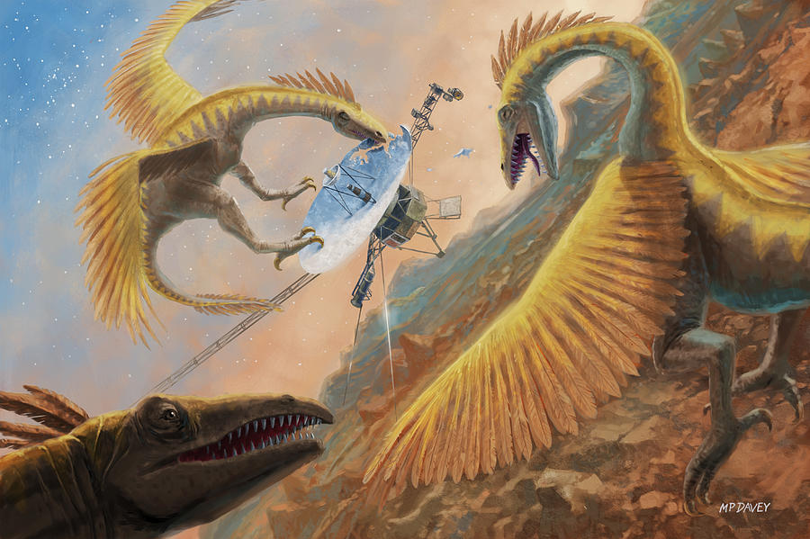 Prehistoric Digital Art - Vintage space probe encountering flying alien creatures by Martin Davey