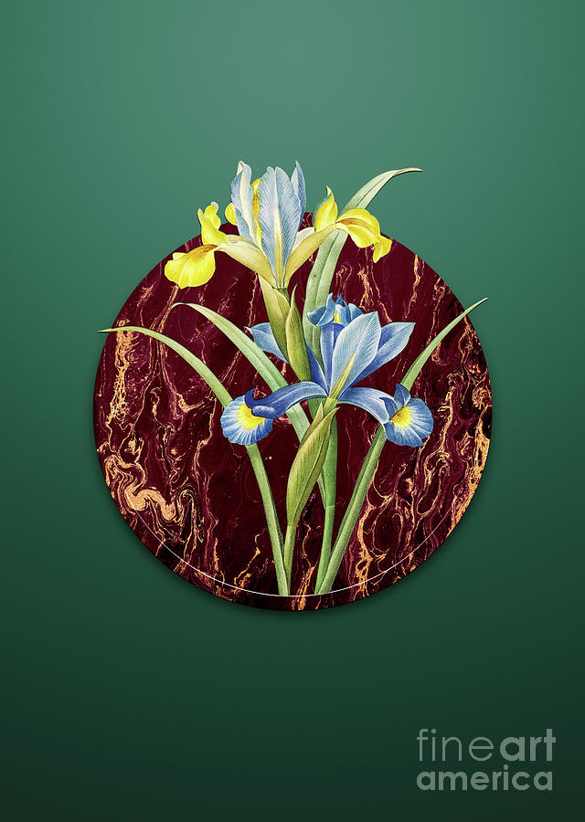 Vintage Spanish Iris Art in Gilded Marble on Dark Spring Green Painting by Holy Rock Design