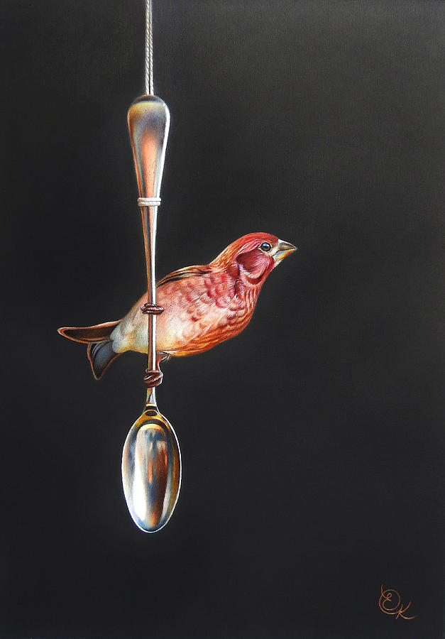 Vintage spoon and finch Drawing by Elena Kolotusha