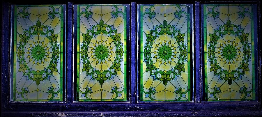 Architecture Photograph - Vintage Stained Glass Window - Blue, Green and Yellow by Elizabeth Pennington