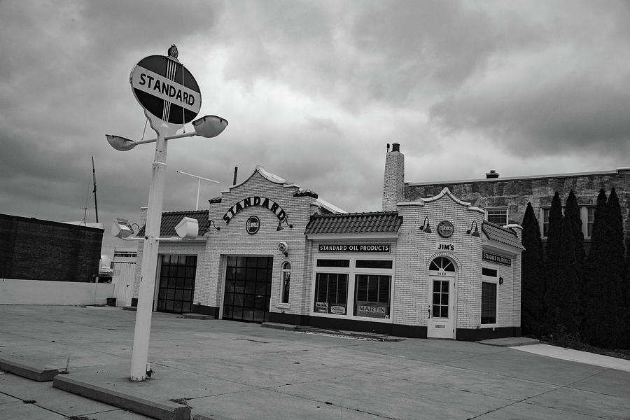 Vintage Standard Oil gas station Port Huron Michigan in black and white Photograph by Eldon McGraw