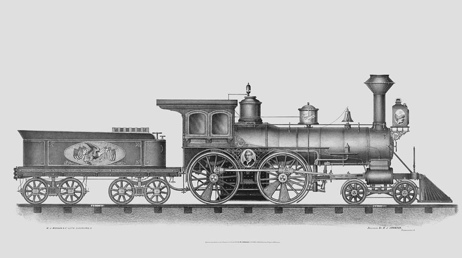 Vintage Steam Powered Locomotive Lithograph - Circa 1874 Drawing by War Is Hell Store