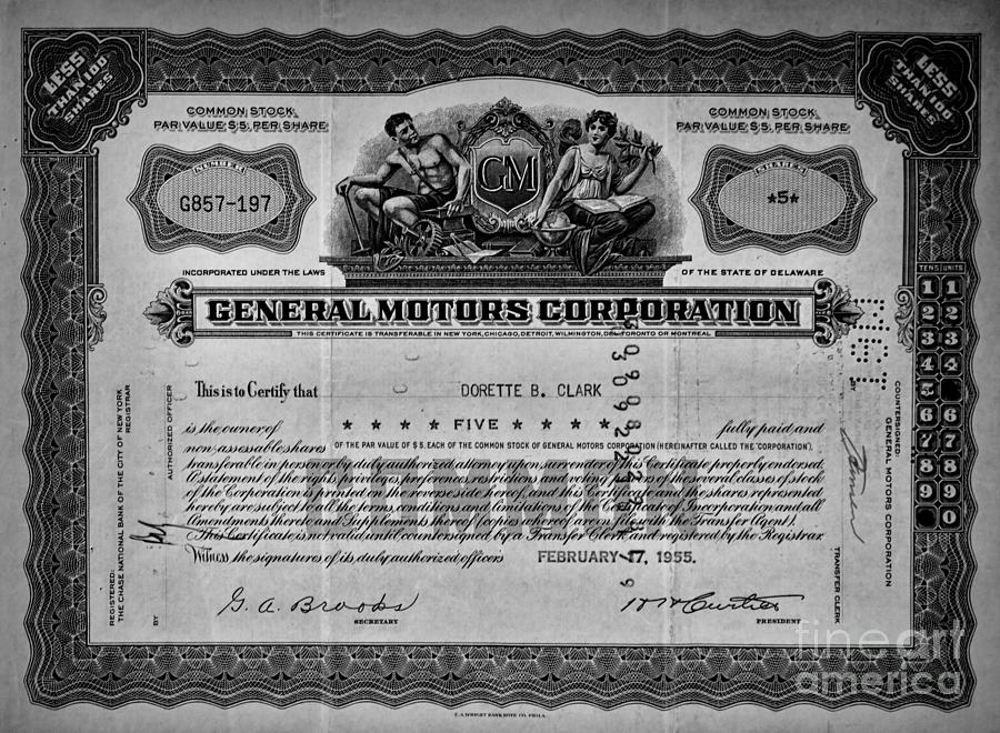 Vintage Stock Certificate General Motors Corporation black and white