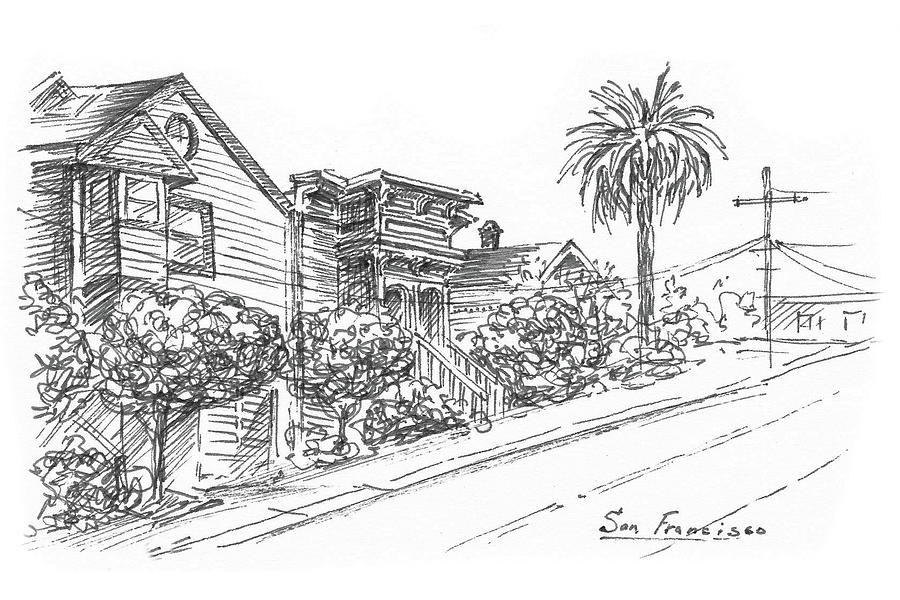 Vintage Street Of San Francisco Black And White Drawing  Painting by Irina Sztukowski