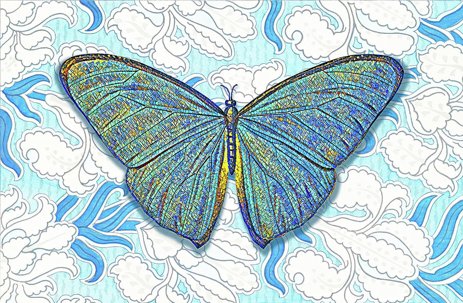 Vintage Style Butterfly on Floral Blue Digital Art by Gaby Ethington