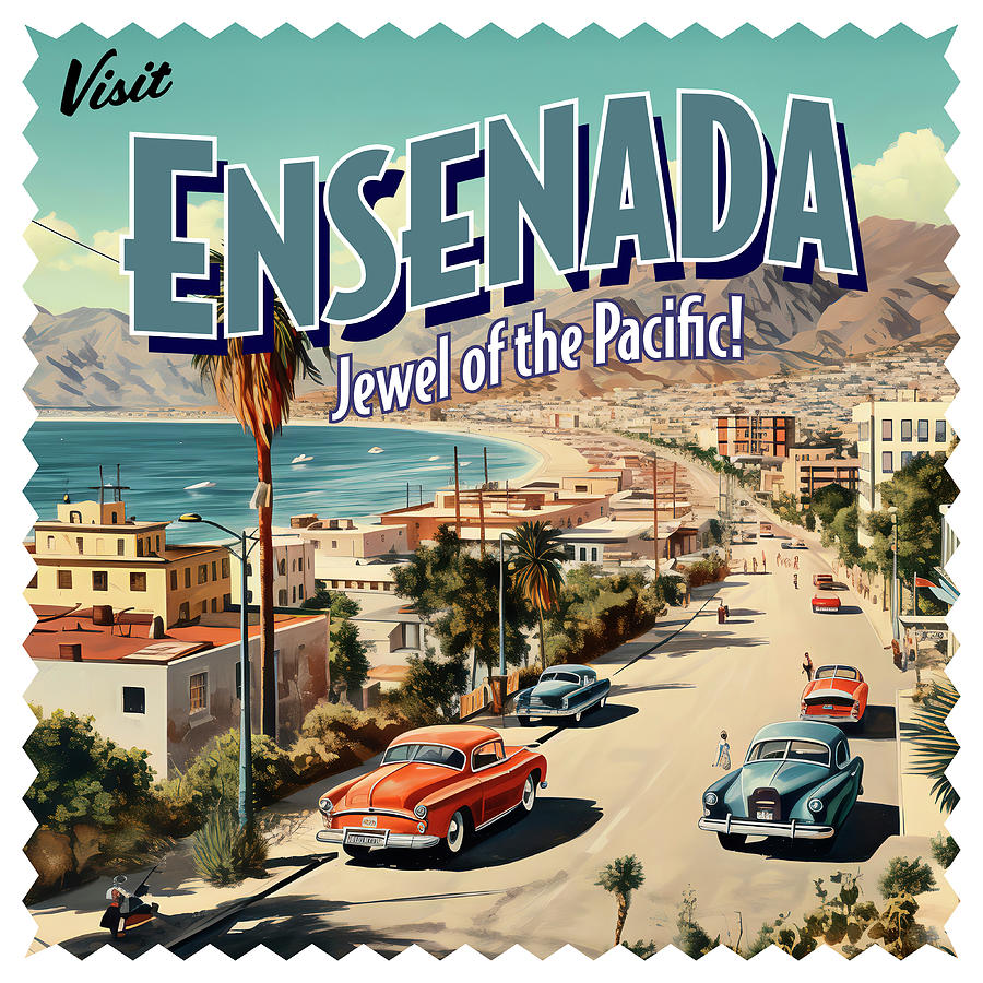 Vintage Style Ensenada, Mexico Postcard Digital Art by William Scott Koenig