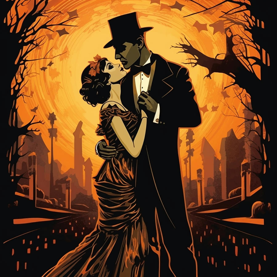 Vintage Style Gothic Halloween Couple in a Cemetary Digital Art by Caterina Christakos