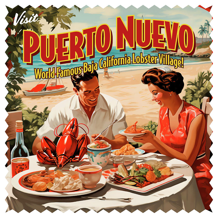 Vintage Style Puerto Nuevo, Mexico Postcard Digital Art by William Scott Koenig