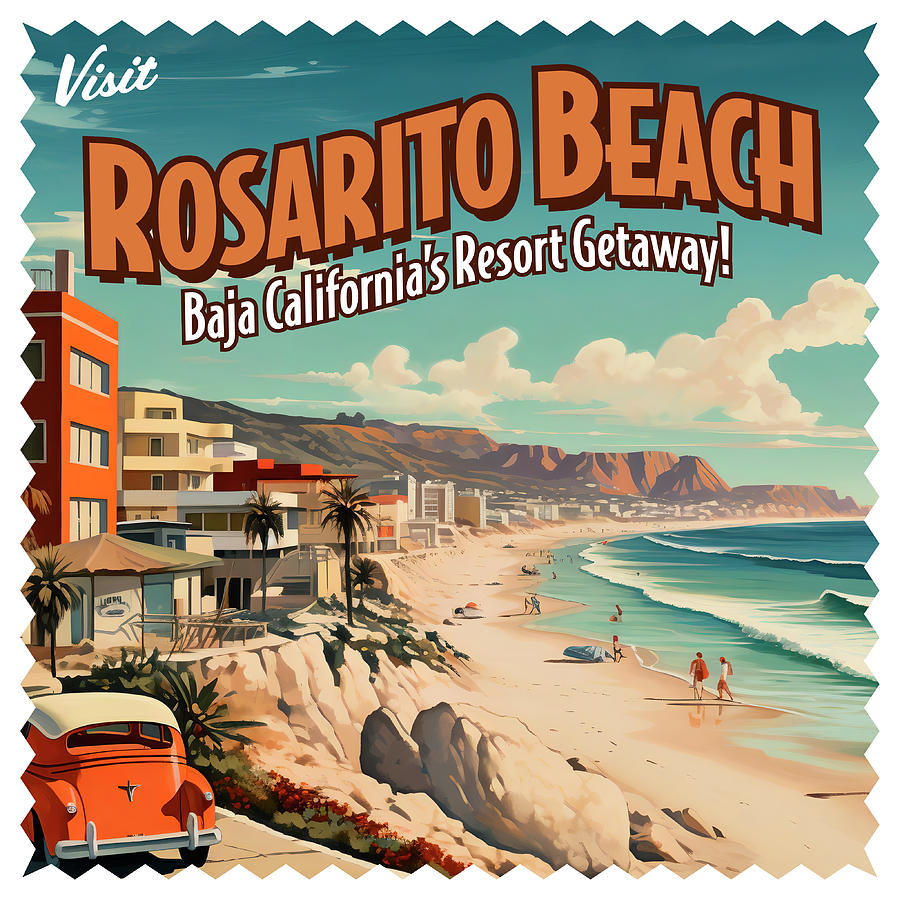 Vintage Style Rosarito Beach, Mexico Postcard Digital Art by William Scott Koenig