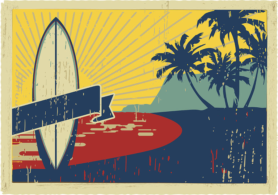 Vintage Surfboard Postcard Drawing by Jozz