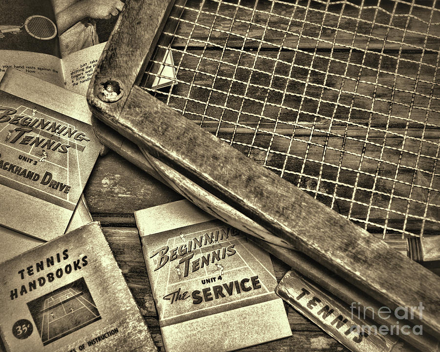 Vintage Tennis Beginner Instruction Books and Racket retro sepia Photograph by Paul Ward