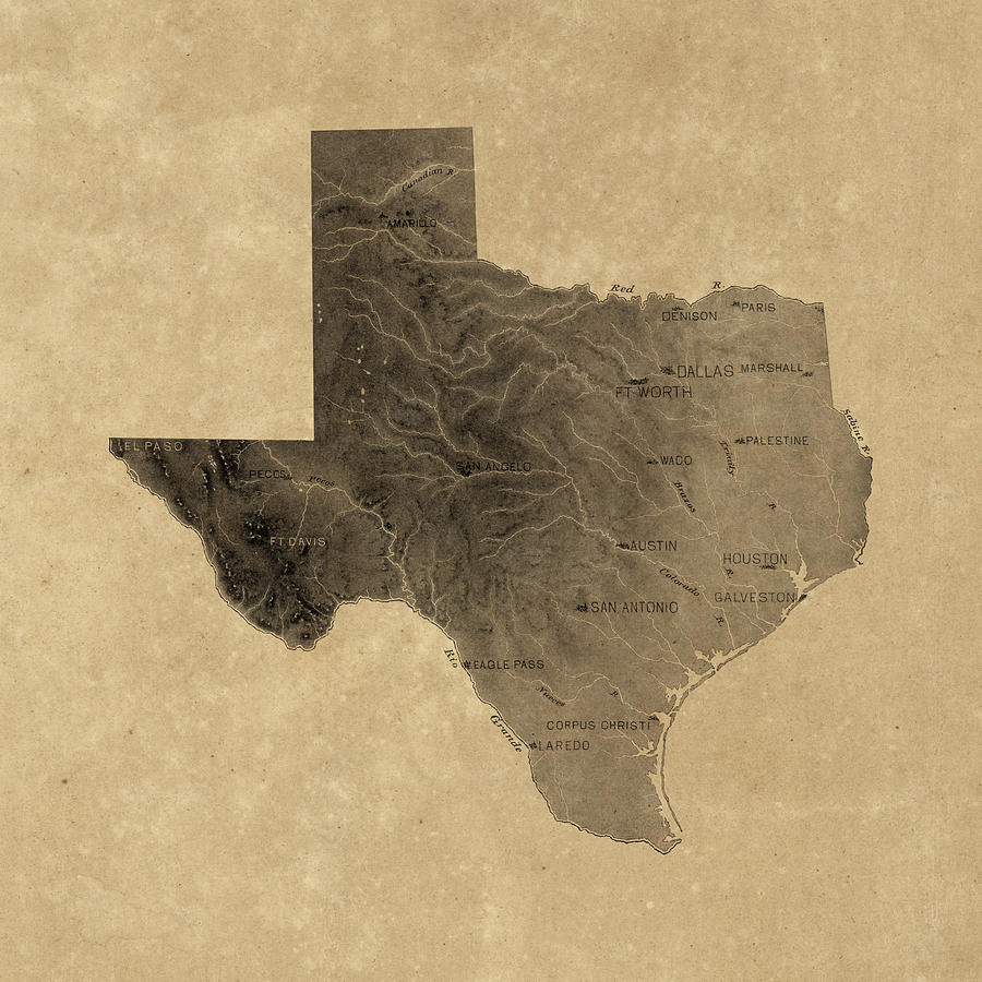 Vintage Texas Relief Map Drawing by Blue Monocle