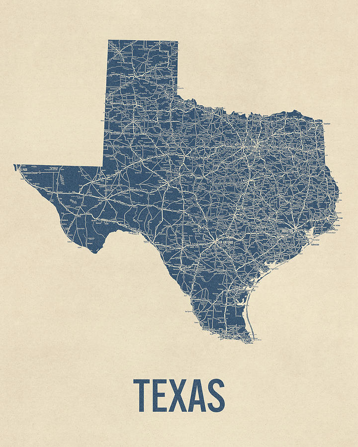 Vintage Texas Road Map, Blue on Beige #1 Drawing by Blue Monocle