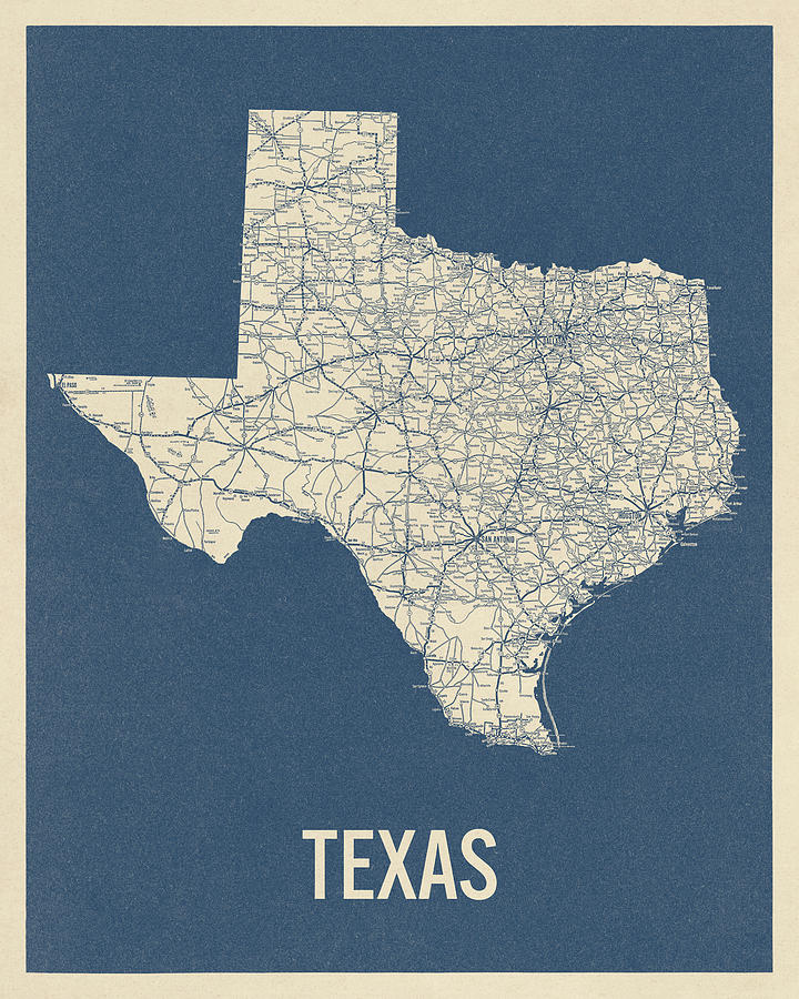 Vintage Texas Road Map, Blue on Beige #2 Drawing by Blue Monocle