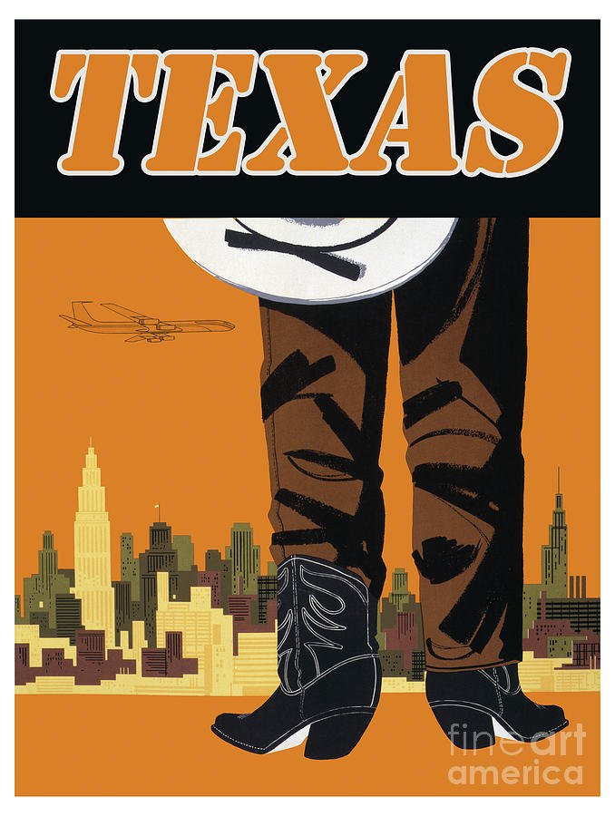 Vintage Mixed Media - Vintage Texas, USA, travel poster with cowboy and city skyline by Luminosity
