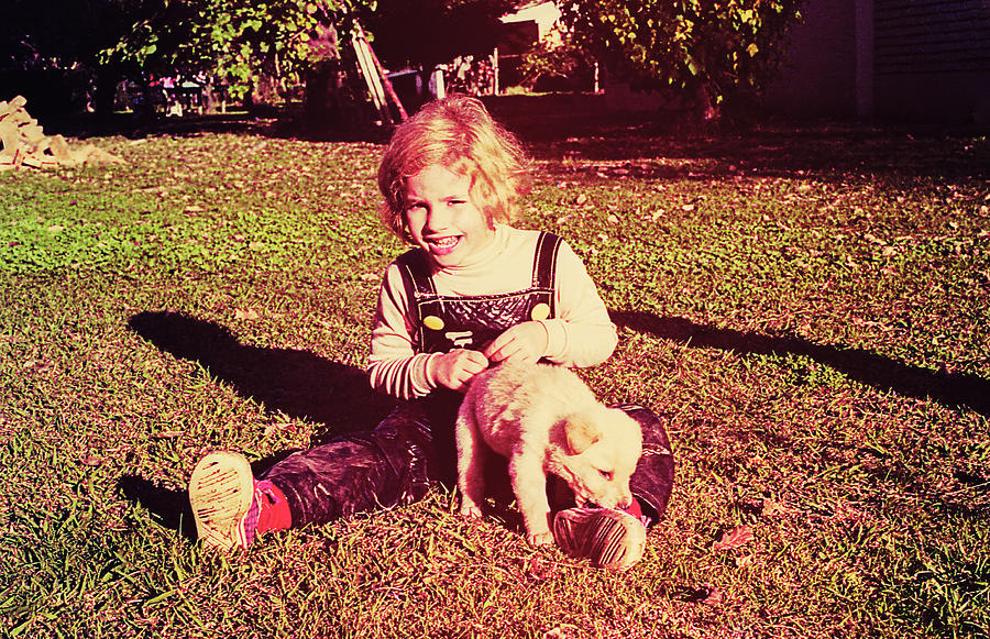 Vintage toddler with a puppy Photograph by Shanina