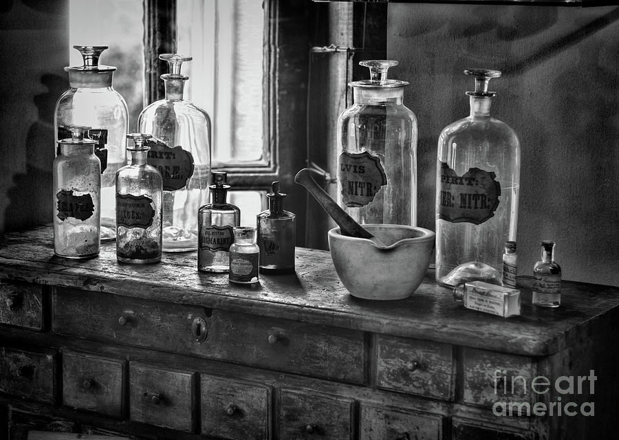 Vintage Top Shelf Pharmacy black and white Photograph by Paul Ward