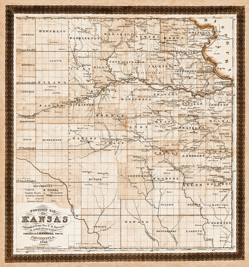 Vintage Township Map of Kansas 1868 Sepia  Photograph by Carol Japp