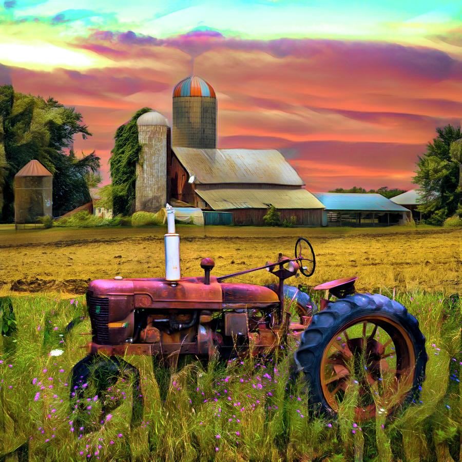 Vintage Tractor at the Country Farm Painting Photograph by Debra and Dave Vanderlaan