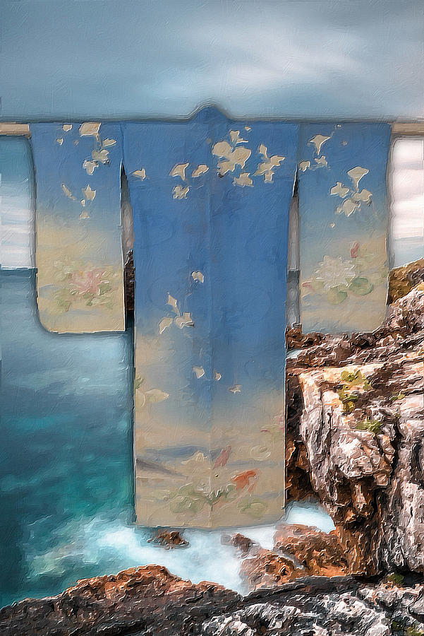 Vintage Traditional Japanese Geisha Kimono Cliff Ocean Painting by Tony Rubino