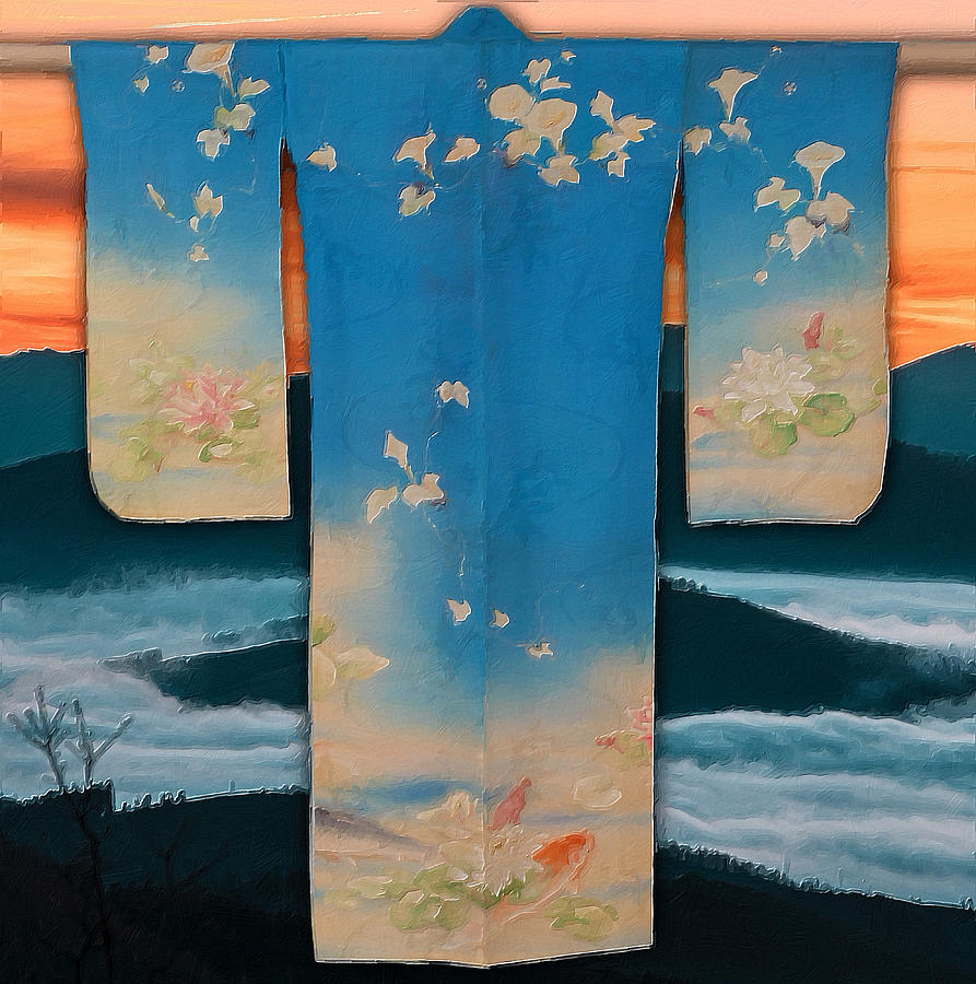 Vintage Traditional Japanese Geisha Kimono Mountains Sunset Painting by Tony Rubino