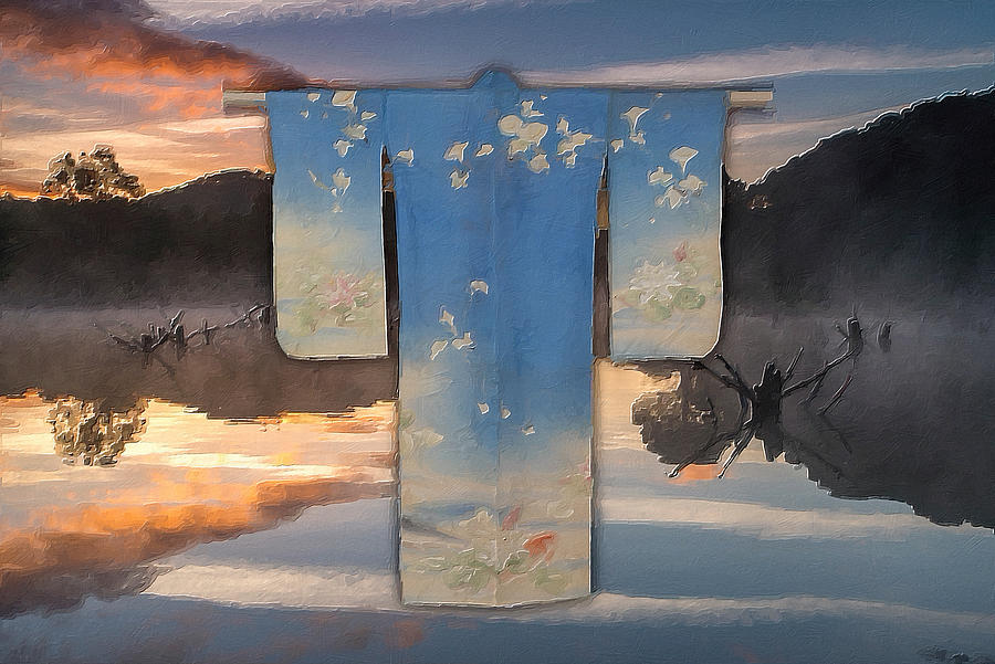Vintage Traditional Japanese Geisha Kimono Mountains Water Painting by Tony Rubino