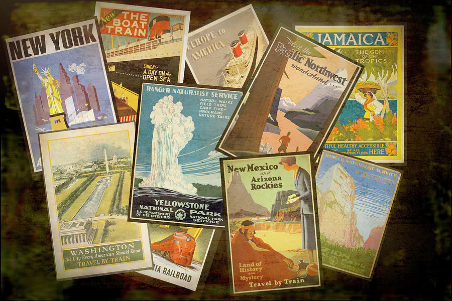 Vintage Travel Posters Collage Mixed Media by Ann Powell