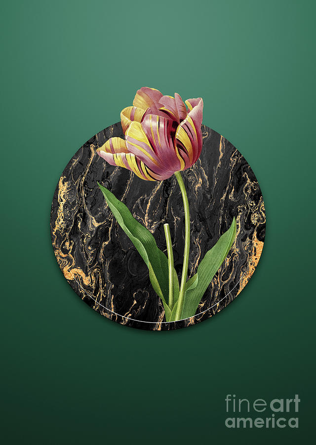 Vintage Tulip Art in Gilded Marble on Dark Spring Green Painting by Holy Rock Design