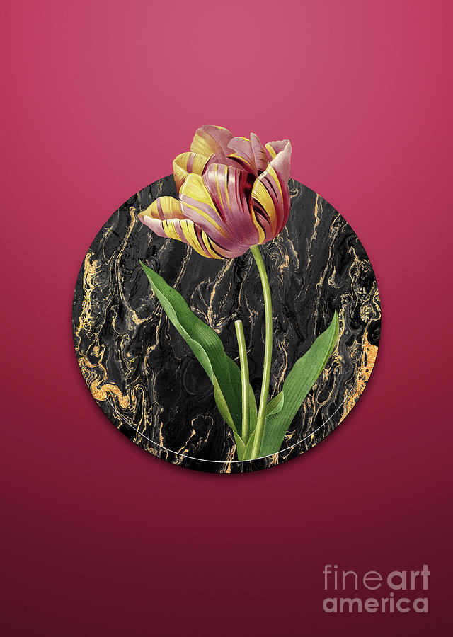 Vintage Tulip Art in Gilded Marble on Viva Magenta Painting by Holy Rock Design