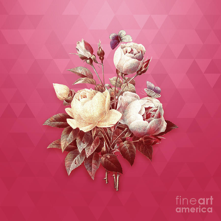 Vintage Variety of Roses in Gold on Viva Magenta Mixed Media by Holy Rock Design