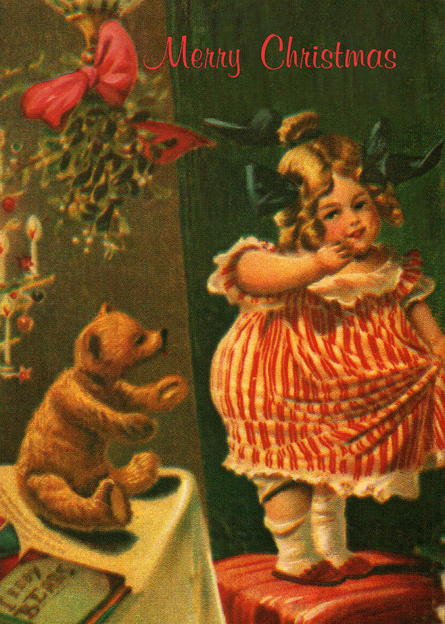 Vintage Victorian Christmas, Little Girl with Bear Mixed Media by Inge Lewis