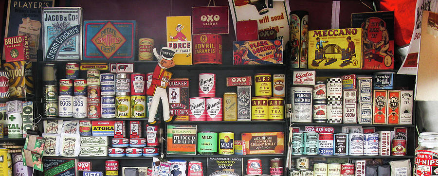 Vintage wartime shop display tins and packets Photograph by Tom Conway