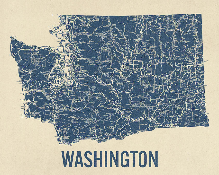 Vintage Washington State Road Map, Blue on Beige #1 Drawing by Blue Monocle