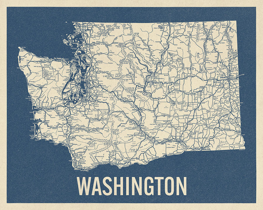 Vintage Washington State Road Map, Blue on Beige #2 Drawing by Blue Monocle
