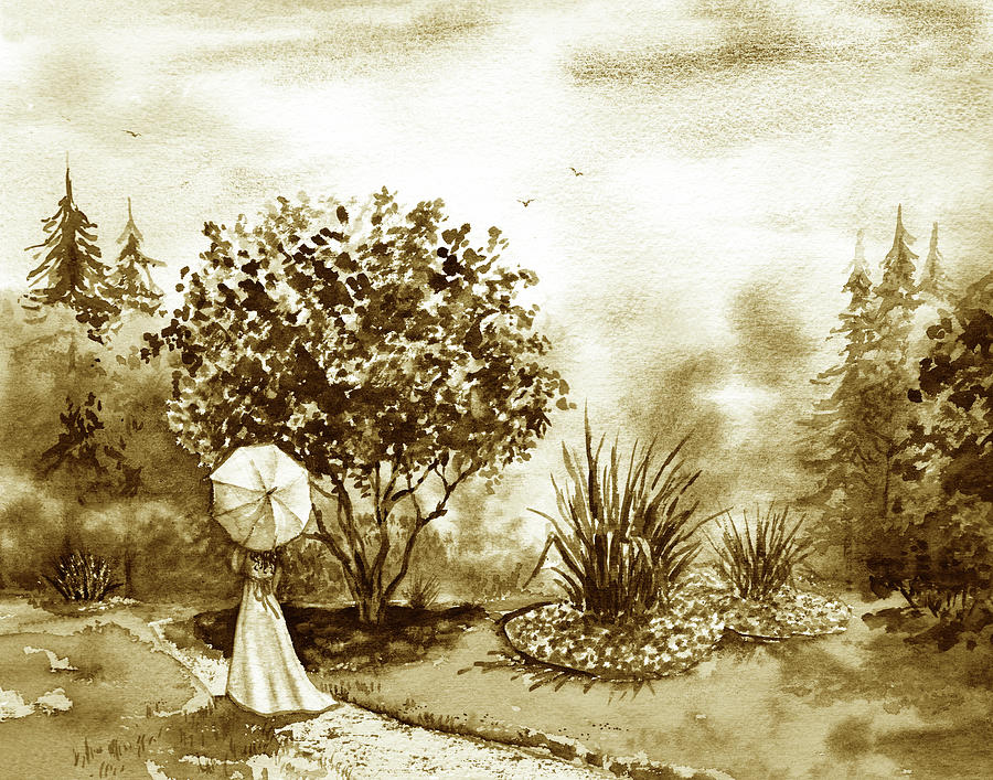 Vintage Watercolor Woman Walking In The Park With Umbrella Painting