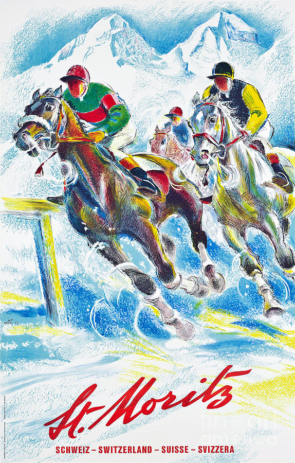 Horse Painting - Vintage Winter travel poster for St Moritz, Switzerland, showing by Lightworks