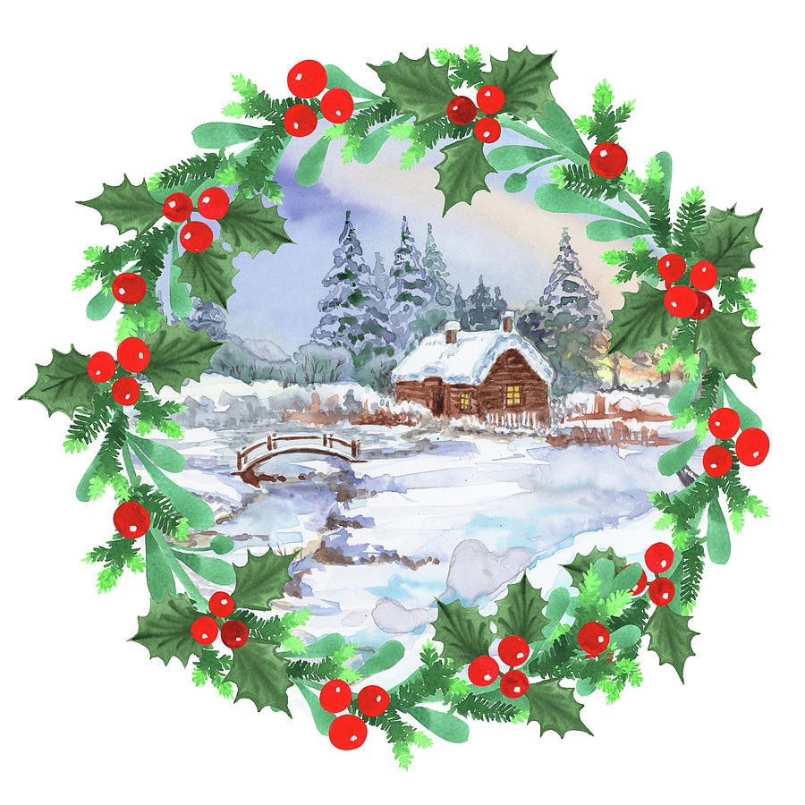 Vintage Winter Village In Holly Berries Wreath Watercolor  Painting by Irina Sztukowski