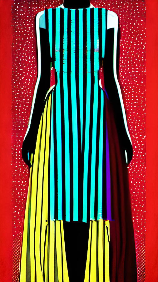 Vintage Woman Dress in Blue and Yellow Stripes Digital Art by Amalia Suruceanu