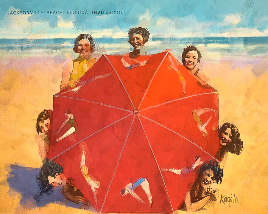 Vintage Women Beach Umbrella Florida Postcard Digital Art by Rebecca Korpita