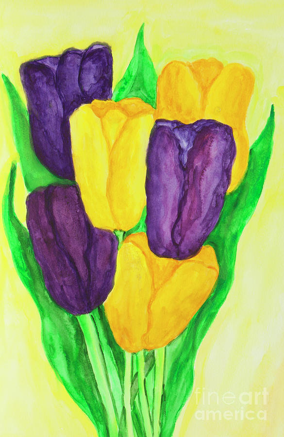 Violet and yellow tulips on yellow background Painting by Irina Afonskaya